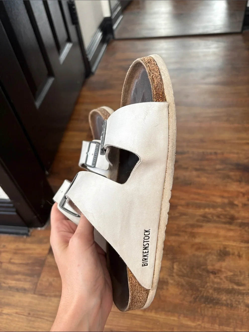 Birkenstock White Double Strap Suede Sandals with Black Footbed